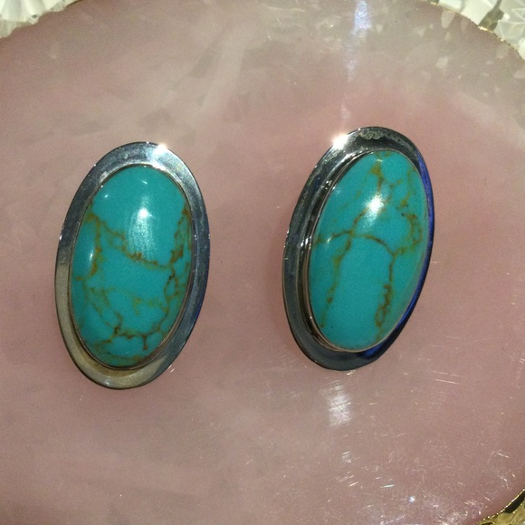 SterlingSilver Simulated Turquoise ClipOn Earrings - Picture 2 of 6